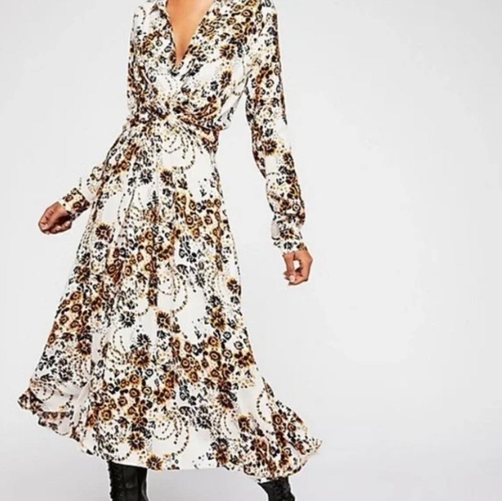 Free People Tough Love long sleeve floral midi shirt dress